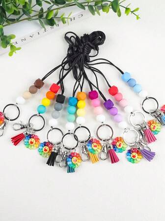 1 st silikonpärla tofs färgglad solros och leende ansikte berlock nyckelband, söt nyckelring för busskort, ID-kort, nycklar, halsband, present till vänner, familj, studenter, tillbaka till skolan