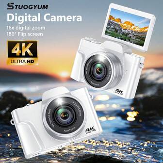  STUOGYUM 4K 64MP 数码相机，2025 最新款自动对焦 Vlog 相机，3 英寸视频拍摄，180° 翻转屏，紧凑型 CCD 旅行相机，闪光灯，16 倍光学变焦，图像稳定，即时打印，附赠 64G TF 卡和 850mAh 大容量电池，是毕业、感恩节和圣诞节的完美礼物。