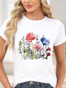 Colorful Floral Print T-Shirt For Casual Occasions And Spring - White - View 6