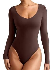 V Neck Long Sleeve Bodysuit - Comfy Double Lined Basic Top - Coffee - View 11