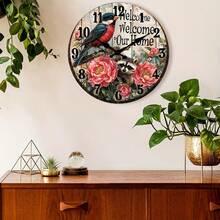 Country Farmhouse Round Wall Clock With Bird And Floral Design - Vintage Brown Wooden Silent Quartz Movement, Large Easy-To-Read Black Hands, 10/12/14/16 Inch Sizes, Suitable For Living Room, Kitchen, Office - Lightweight And Sturdy Wood, No AA Batteries Included, Ideal Housewarming Gift (Compatible With Modern And Traditional Decor) - 圖片色 - 查看 6