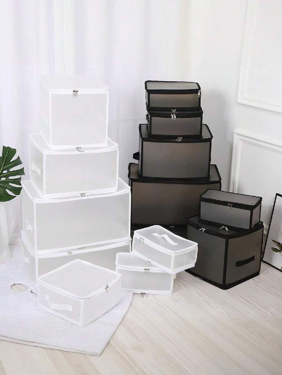 1pc Transparent Frosted Storage Box - (Multiple Sizes Available) Zippered Foldable Storage Bin, Clothes, Toys, Accessories, Decorations, Office Supplies Organizer For Wardrobe, Desk, Shelves, Bedroom, Home, Office - Multicolor - View 1