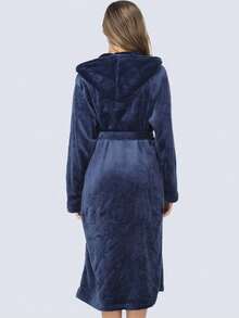 1pc Women's Minimalist Solid Color Thick Flannel Hooded Robe, Warm And Suitable For Home Use In Autumn/Winter - Navy Blue - View 4