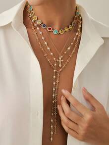 Bộ 5 chiếc/Bộ dây chuyền dài mặt trời và thánh giá bằng kim loại cổ điển, dây chuyền pha lê nhiều màu phong cách Bohemian, dây chuyền kim cương sang trọng, phù hợp để đeo hàng ngày cho phụ nữ - Vàng - Xem 15