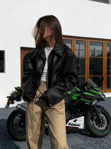Oversized Faux Leather Jacket For Women - Multi-Color Options, Classic Lapel, Zipper Front,  Loose Fit, Chic & Edgy Outerwear - màu đen - Xem 3