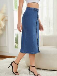 European & American Style Button Asymmetric Slit High Waist Sexy Bodycon Denim Skirt - Blue - View 4