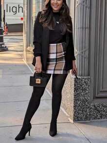 Womens High Waist Plaid Skirts Bodycon Pencil Mini Skirts Classic Fall Winter Christmas Plaid Zip Up Wool Pencil Skirts Christmas Party Outfits - 鏽棕色 - 查看 3