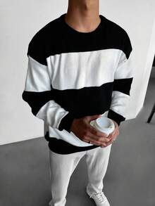 WAIT HIM Men's Casual Black And White Contrast Color Crew Neck Sweater, Long Sleeve Top - Black and White - View 8