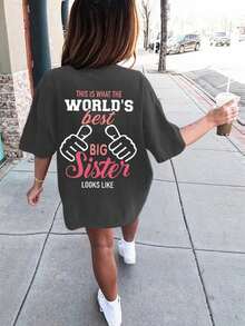 Tween Girl "The Best Big Sister Ever" Slogan Print Round Neck T-Shirt, Summer Casual Top - Dark Grey - View 1