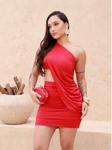 Women's 3-Piece Set - Elegant Women's Three-Piece Set For Christmas And New Year's - Party Set With One-Shoulder Blouse, Short Fitted And Draped Skirt - Sexy And Sophisticated Look For Parties, Gatherings And Events - Women's Summer 2025 Fashion - Ideal For New Year's Eve And End-Of-Year Parties - Colors: Red, White, Blue, Black And Pink - Sizes: S, M And L - Fashionable, Comfortable And Modern Women's Set, Perfect For Celebrating With Style And Sensuality - Complete Look To Stunning At End-Of-Year Parties. Simple, Elegant, Party, Asymmetrical, Cut-Out/Cut, Ruched, Wedding - 紅色 - 查看 1