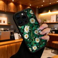 Carcasa para teléfono con borde negro diseño floral de margaritas blancas y hojas verdes estampado natural para uso diario en oficina o casa - Blanco - Ver 6