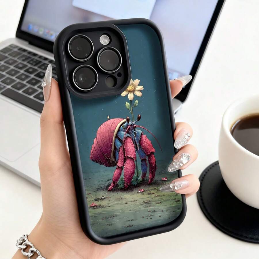 Cubierta de telefono con borde negro y diseño de erizo de mar rosa con flor para iPhone 14 Pro Max estética artística ideal para uso diario y oficina - Café integral - Ver 1