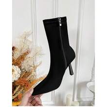 Botines marrones pequeños y puntiagudos con tacón alto para otoño e invierno, entresuela de mujer, silueta estilizadora, botas de ante elástico - Negro - Ver 3