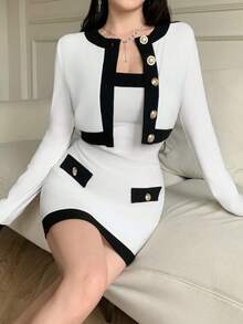 abyoxi 女款拼色金色單排扣長袖圓領短版針織開襟外套，搭配抹胸修身迷你洋裝，彈性針織面料兩件套，復古優雅迷人時尚，適合辦公通勤、日常出遊、休閒聚會、約會，秋冬穿搭 - 白色 - 查看 3