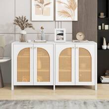 Modern Minimalist Style Sideboard With 4 Rattan Doors, Metal Handle, Simple Buffet Cabinet For Dining Room, Living Room, Kitchen (Natural Wood) - White + MDF - 查看 2