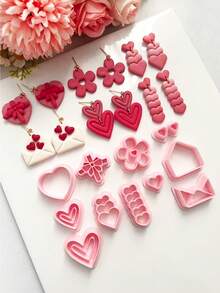 Valentine's Day Polymer Clay Earring Cutters Set, Heart Flower Envelope Shapes DIY Molds For Handmade Jewelry Craft Making - Pink - View 2
