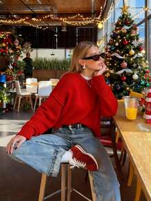 Sweater Pullover Lengan Panjang Kerah Bulat Warna Polos Longgar Kasual - Merah - View 2