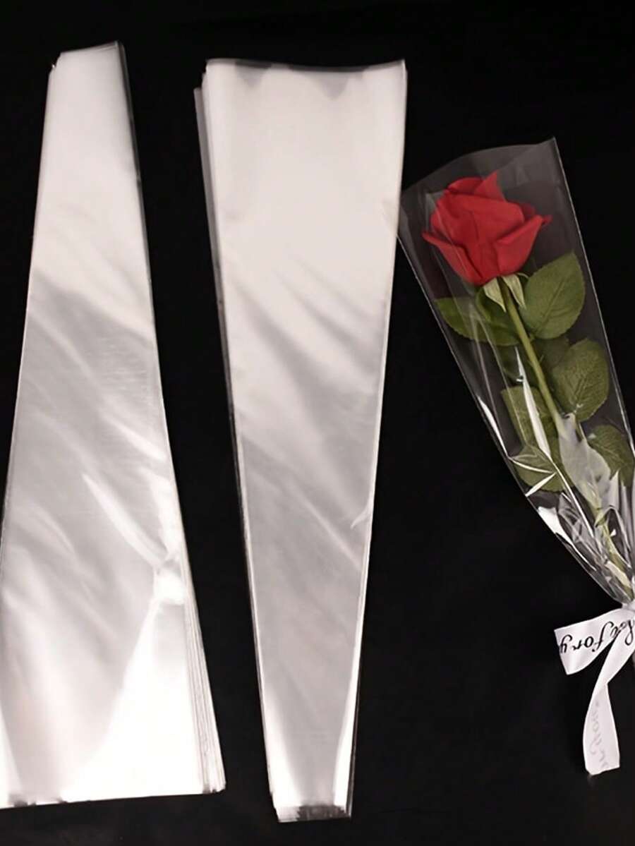 50pcs/Pack Transparent Single Stem Flower Sleeves, Clear Handheld Bouquet OPP Bags, Dust-Proof & Moisture-Proof Single Stem Flower Bags, Transparent Rose Bouquet Bags, Floral Supplies For Valentine's Day, Mother's Day, Anniversary, Wedding, No Accessories, No Printing Design - Multicolor - View 1