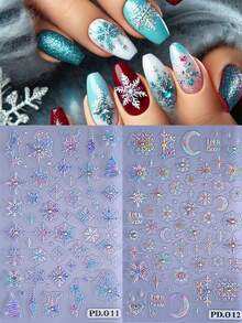 2PCS Winter Colorful Snowflakes 5D Embossed Nail Stickers With White Rhinestone Snow Flower Gradient Nail Decals DIY Decals Self-Adhesive Sliders Nail Art Decoration Manicure Supplies For Christmas New Year Nails - 彩色 - 查看 12