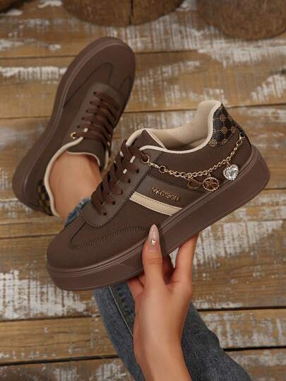 2025 New Thick Sole Casual Shoes For Women, Metal Chain Heart Pendant Leopard Print Patchwork Unique Design Versatile Flat Comfortable Sneakers