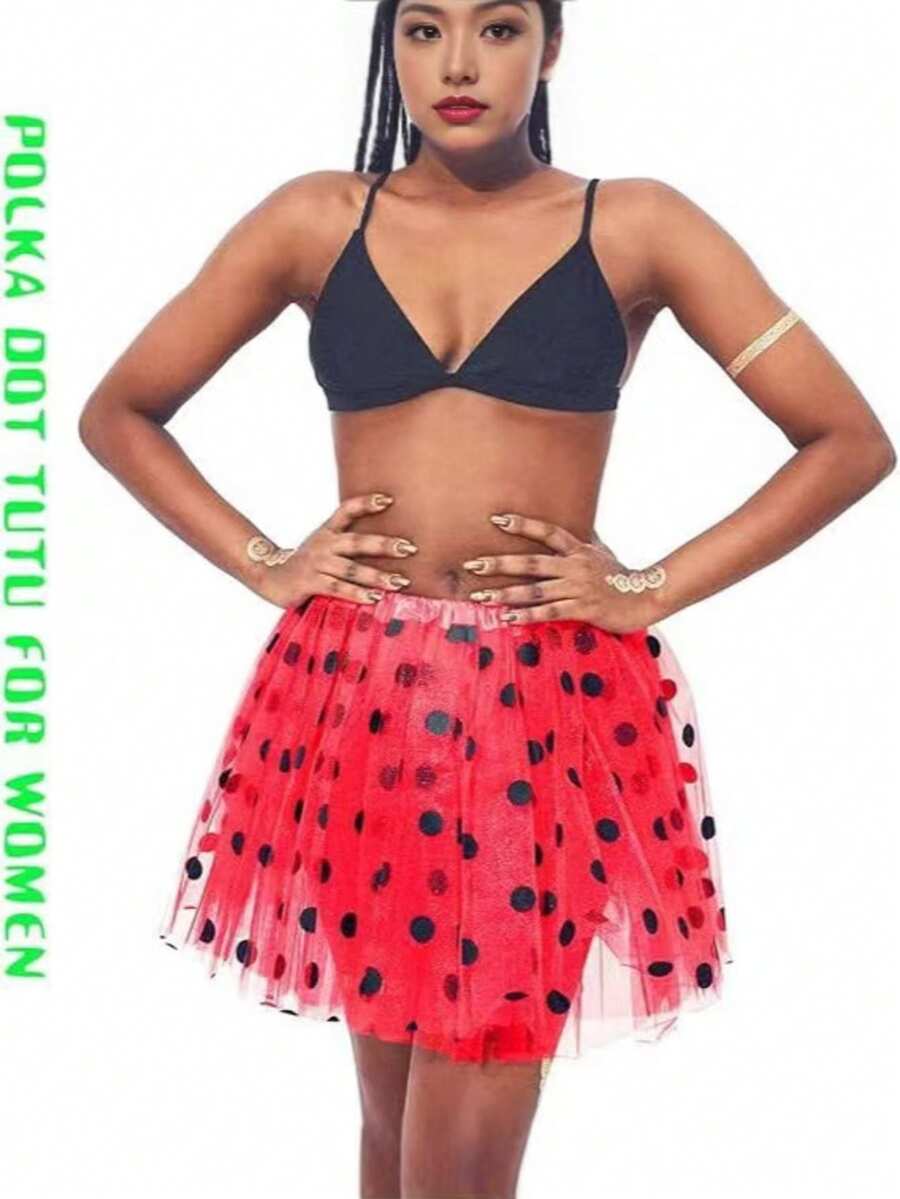 1 Set Adult Christmas 3-Layer Tulle Skirt, Red Princess Style Asymmetric Tulle Skirt 6-Piece Outfit - Multicolor - View 1