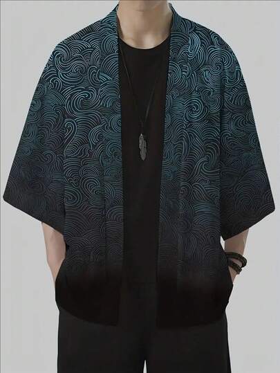 Men's Retro Style Printed Kimono Cardigan, Casual 100% Polyester Woven Shirt, Collarless Design, Regular Fit For Summer - Ideal Gift, Comfortable Outerwear | Vintage Pattern Shirt | Machine Washable