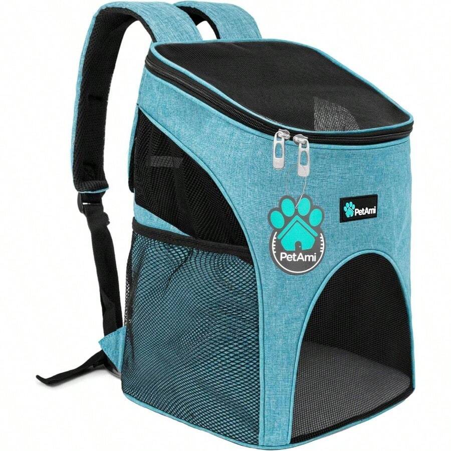 Premium Backpack Small Cats and Dogs Ventilated Design, Safety Strap, Support Designed Travel, Hiking Outdoor Use Gray - azul marino - Ver 1