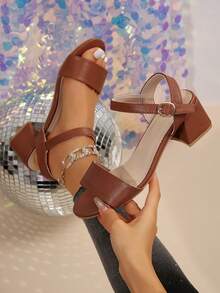 女士时尚休闲厚跟搭扣凉鞋 - 棕色 - 查看 6