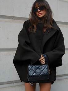 conciso Abrigo suelto de mujer con cuello vuelto, mangas murciélago, bolsillos y de tela similar a la lana, de corte holgado - Negro - Ver 6