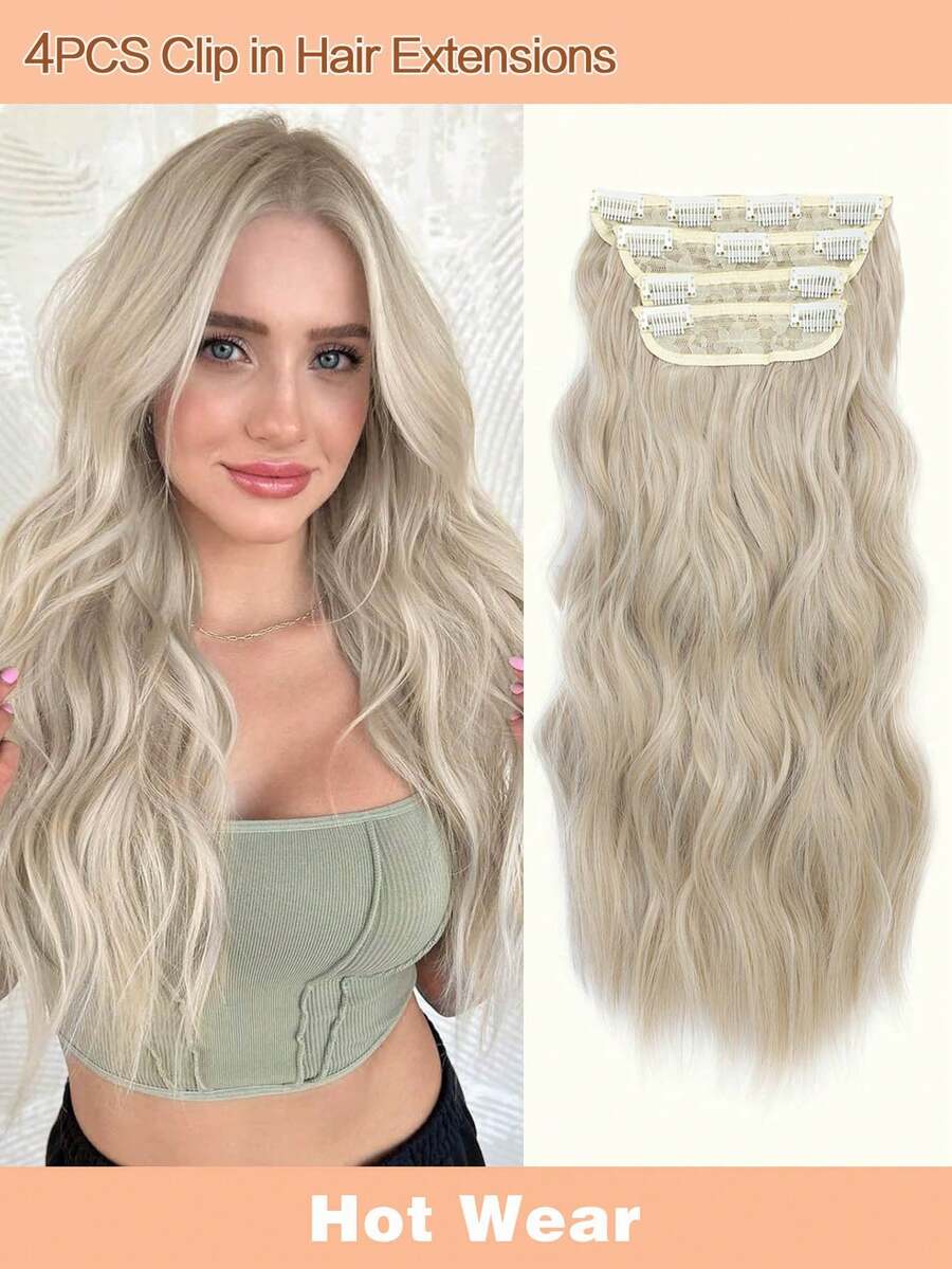 16inch 20inch Hair Extensions Clip In 4PCS Wavy Hair Extension Pearl Blonde Hair Extensions For Women - Platinum - 查看 1
