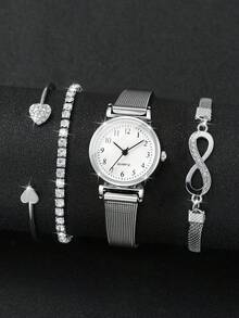 Set de 4 piezas con pulsera de mujer, reloj de pulsera de cuarzo con esfera pequeña y diseño numérico clásico (sin incluir el reloj) - Plateado - Ver 3