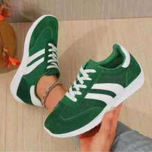 Retro Color Matching Sneakers! Black And White Stripes, Light Gray Simplicity, Green And White Contrast, Suitable For All Kinds Of Daily Wear, Walking Super Light - màu xanh lá - Xem 3