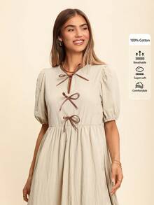Coeurva Vestido midi formal elegante de verano para mujer, ajustado al Body, que afina la cintura, con decoración de lazo - Albaricoque - Ver 2