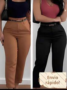Set Of 2 Women's Plus Size Tailored Dress Pants With Belt. - Black/brown - View 1