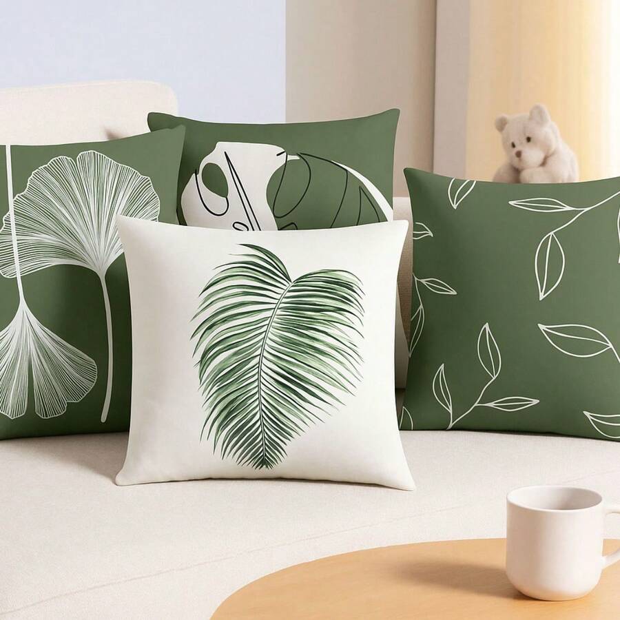 Basic, Simple Decorative Cushion Cover Set, 4 Pieces, Soft Silk Touch, For Sofa, Armchair, Bed - Green - View 1