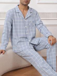 Conjunto de pijama para hombre, camisa de manga larga con cuello, bolsillo y estampado a cuadros en contraste, y pantalón largo, ropa de casa casual y cómoda, para primavera/otoño - Azul y blanco - Ver 1