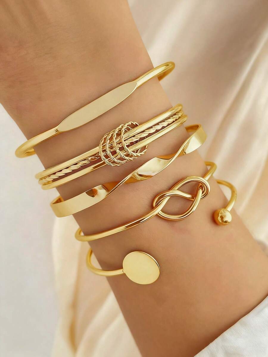 Conjunto de 5 Peças Conjunto Pulseira Geométrico Moda Geométrico de Círculo Torcido Bracelet Pulseira de Joias Femininas - Dourado - Visão 1