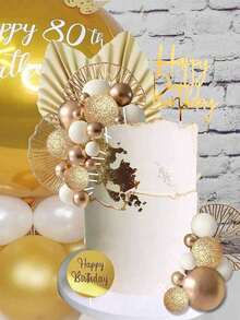 26pcs Bohemian Style Gold Cake Decoration Set, Gold & White Foam Balls, Happy Birthday Cake Topper, Gold Folding Fan, Ginkgo Leaf Cake Decor, Suitable For Baptism, Wedding, Retirement Party, Birthday Cake Decoration, Luxury Style Cake Decor Supplies (Please Use With White Sticks.) - Multicolor - View 5