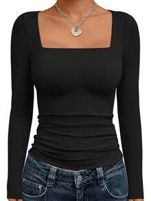 Womens Long Sleeve Shirts Square Neck Going Out Crop Tops Fashion Y2k Workout Clothes Fall Outfits 2025 - 咖啡灰 - 查看 6