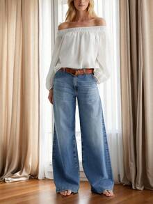 Petite Light Wash Wide Leg Women Jeans With Pockets, Buttons And Zipper, Casual Long Style, Suitable For Daily Casual Wear - Dusty Blue - View 3