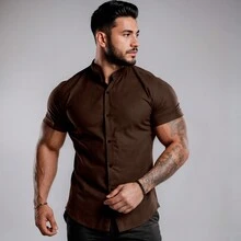 Men's Linen Mandarin Collar Shirt - Rust Brown - View 2