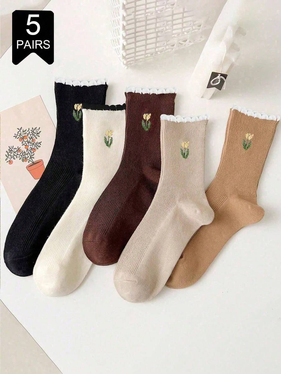 5 perechi de șosete pentru femei, în stil japonez, cu dantelă, în culori solide, model floral cu lalele, versatile pentru toamnă/iarnă, potrivite pentru asortarea zilnică a modei - Multicolor - Vizualizare 1