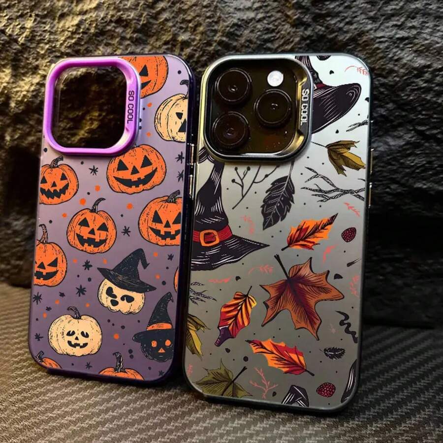 Funda de hojas con sombrero de calabaza y bruja para Apple 17 16 15 14 13 12 11 Pro Plus Max 1716E, funda mate a prueba de golpes para teléfono - 3 - Ver 1