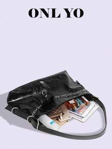 1pc This Y2K Style Chain Shoulder Bag/Handbag/Women's Bag Is In Glossy Black And Features A Small Pocket, Giving It A Cool Street Style Vibe.