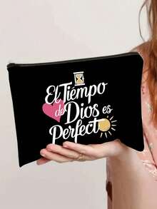 一套帆布单肩包+黑色收纳袋，印有心形、太阳图案和“Tiempo De Dios Perfect”白色文字，便携休闲收纳手提包，方便旅行收纳包，大容量旅行化妆包，手提包，旅行包，多功能购物袋，是购物、婚礼、生日、海滩、假期、返校、圣诞节、感恩节、新年礼物的理想之选。 - 彩色 - 查看 4