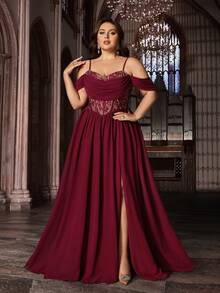 Đầm dạ hội không tay bằng chiffon dành cho nữ cỡ lớn của Design Sense, kiểu dáng thanh lịch, phối ren, dây mảnh, thích hợp cho tiệc tùng, đám cưới, ngày Valentine hoặc mùa xuân. - Màu Đỏ Sâu - Xem 3