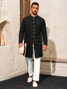 Runcati Mens Kurta Coats  Mandarin Collar Attire  Outfits Wedding Festive Party Clothing Casual Kaftan Robe - 黑色 - 查看 5