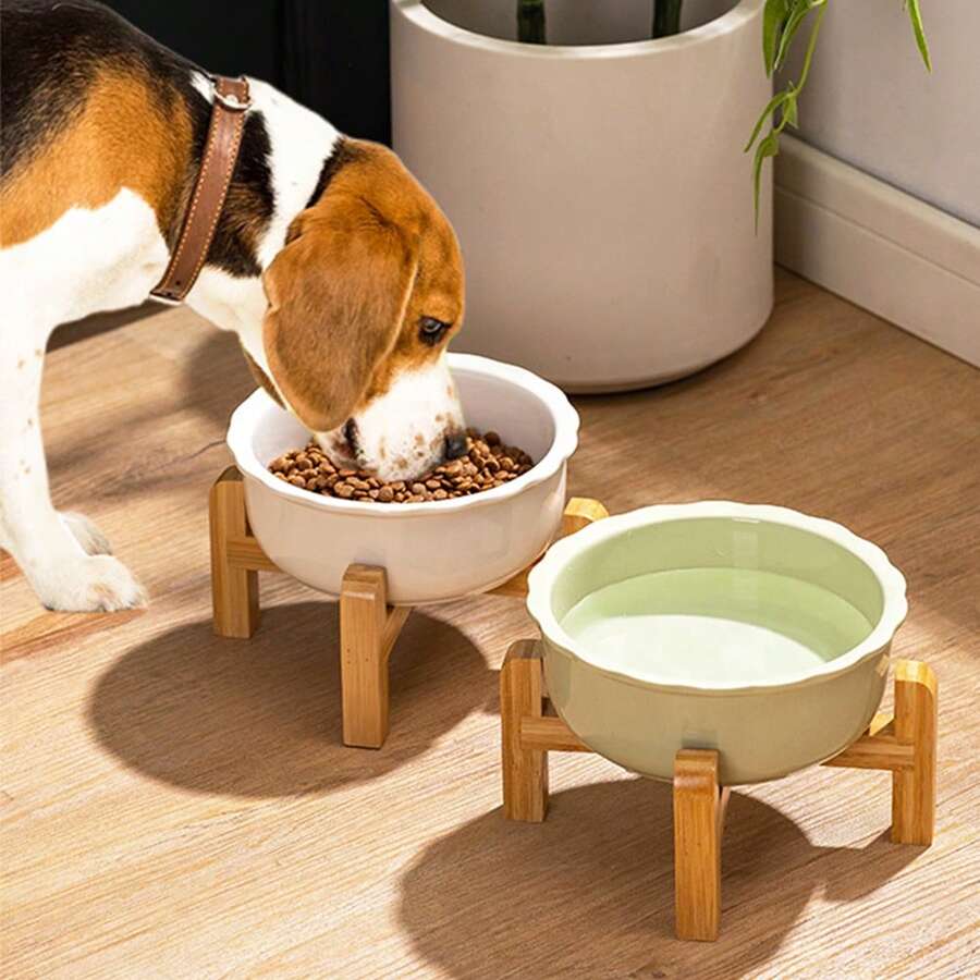 Raised Ceramic Cat Dog Bowl Heavy Weighted Dog Dish With Bamboo Stand Elevated Dog Cat Food Water Comfortable Feeding Non Slip Pet Bowl - Multicolor - View 1