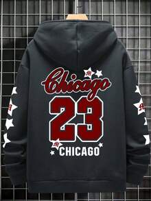 Plus Size Men's Casual Numeric & Star Graphic Drawstring Hoodie Sweatshirt, Versatile For Commuting - 灰色 - 查看 3