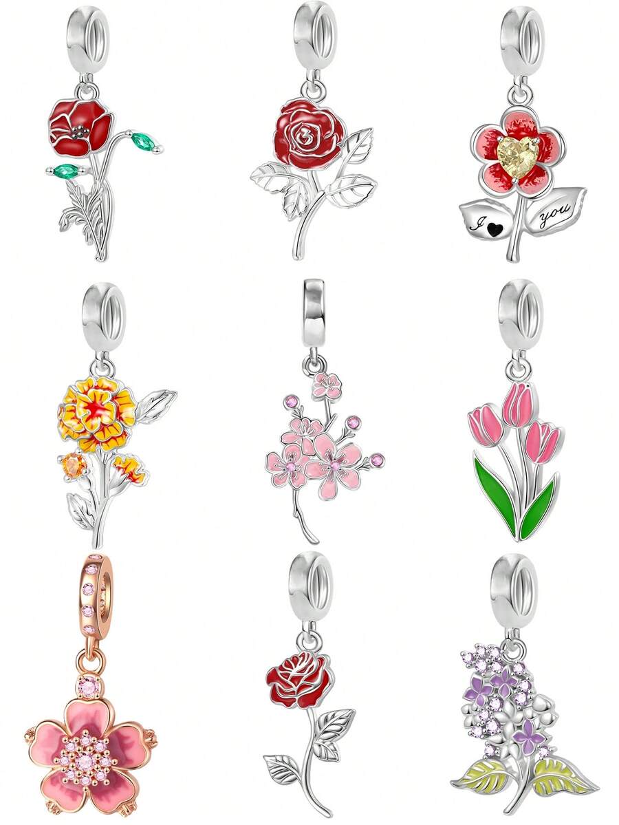 1 Hạt charm hình hoa hồng đỏ hình hoa anh đào nở rộ hình hoa tulip phù hợp với vòng tay rắn nguyên bản, vòng cổ hạt để làm đồ trang sức bạc 925 tự làm, quà tặng trang sức cho bé gái - Nhiều màu - Xem 1